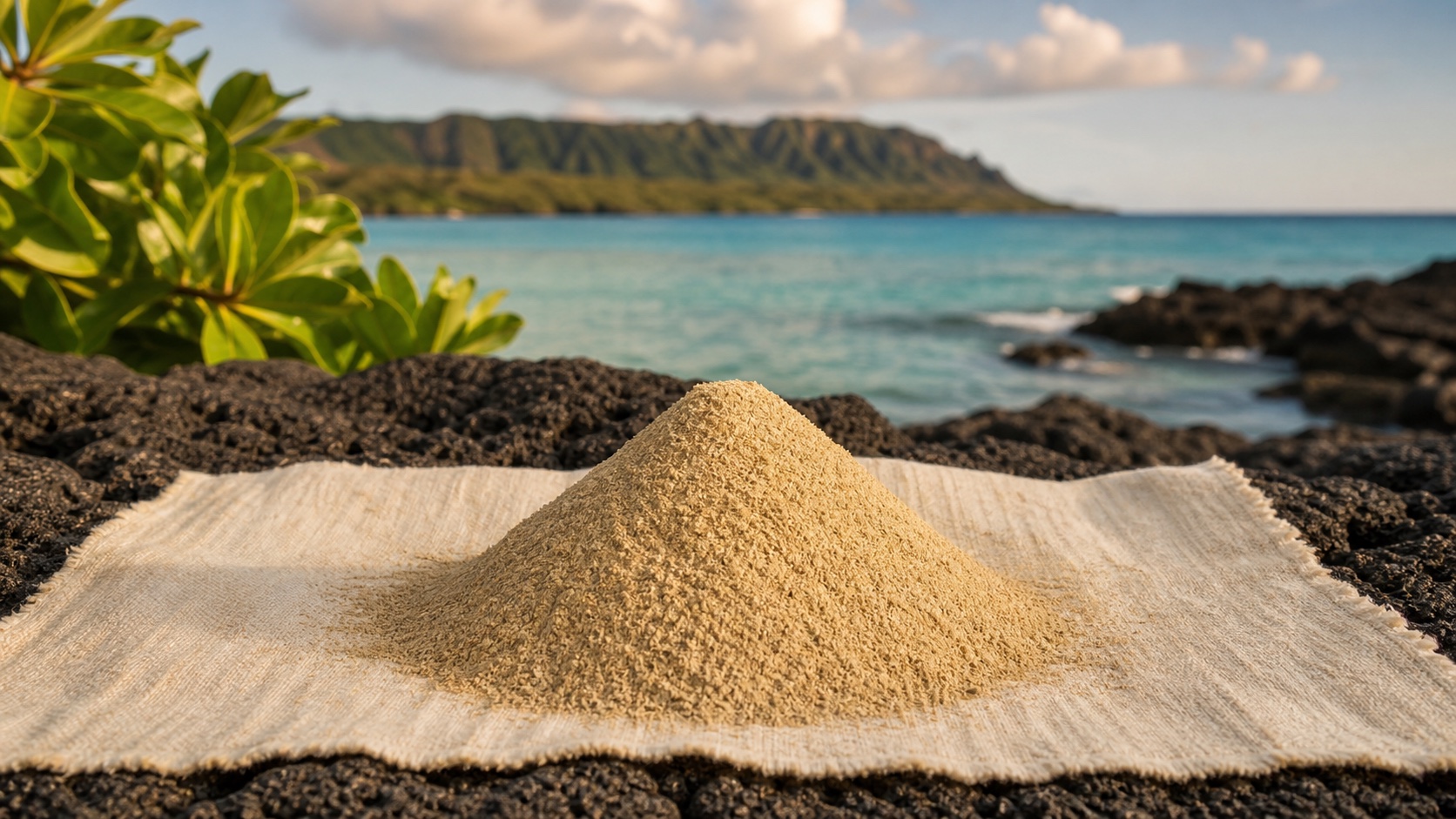 Beige-to-yellow Hawaiian awa root powder on kapa-style cloth beside a volcanic Hawaiian shore